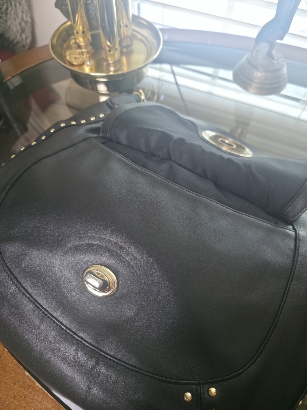 COACH Circle Hobo Gold Turnlock Stud Calf Leather Black Shoulder Bag 34998